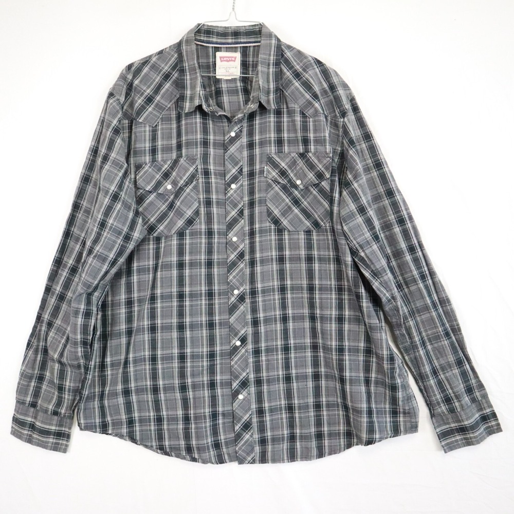 Levi's Shirt Mens XL Western Cowboy Rodeo Pearl Snap Gray‎ Plaid Long Sleeve